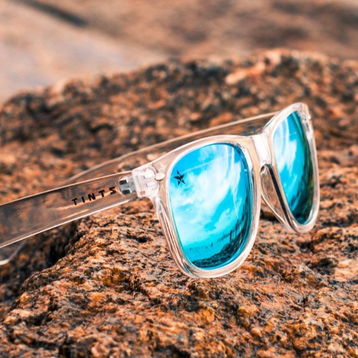 Laguna Blue Moon by TINTS Eyewear. Clear Frame and Blue Polarized Mirrored Lens